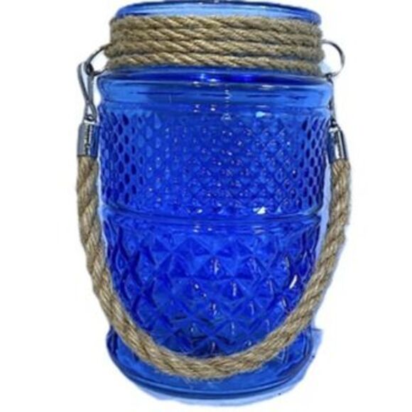 Pier one Glass Lantern Candle Holder Jar w/ Rope Handle Coastal Farmhouse - Picture 1 of 5